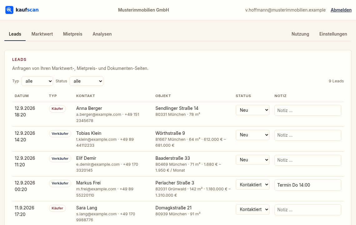 Anfragenliste im Kundenbereich mit Käufer- und Verkäuferanfragen, Status und Notizen (Beispieldaten)