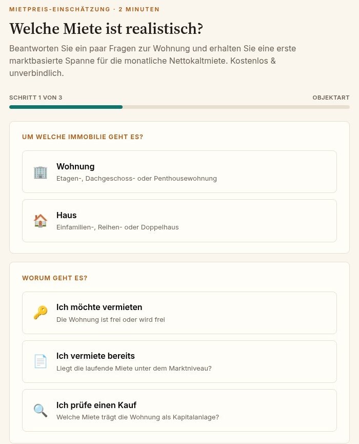 Mietpreis-Seite mit Frage nach dem Vorhaben der Person